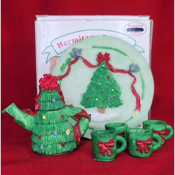 Miniature Christmas Tree TeaPot w/Cups Hand Painted Green Hermitage Pottery Set - Picture 11 of 12